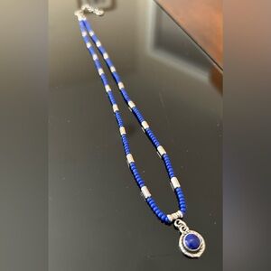 Blue and Sterling Silver Beaded Necklace 16” with extender